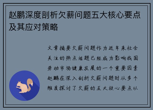 赵鹏深度剖析欠薪问题五大核心要点及其应对策略